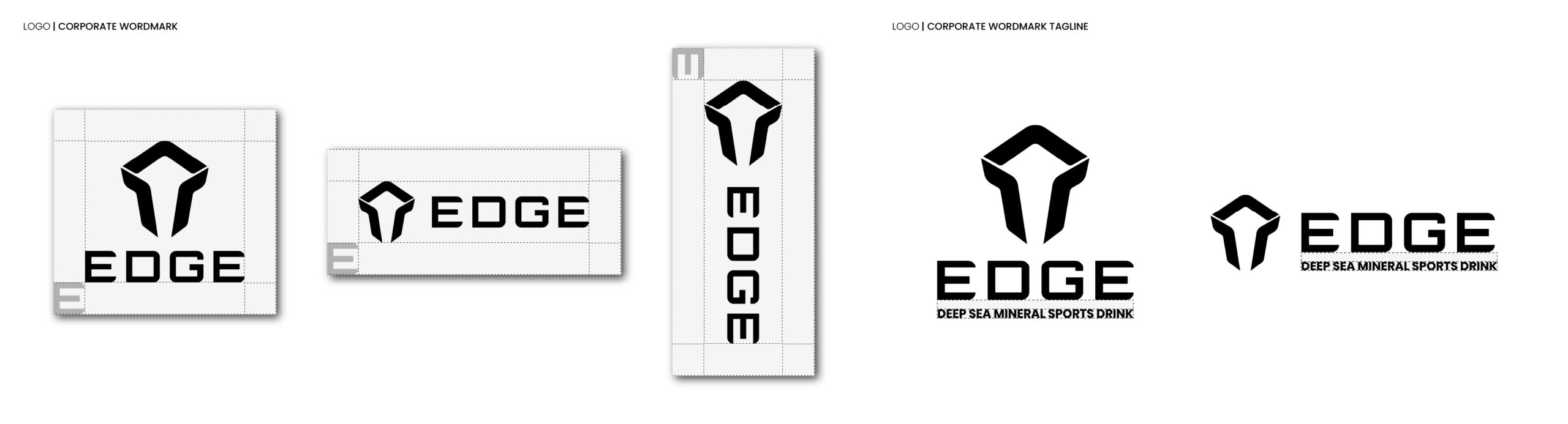 A branding design sheet for EDGE sports drink shows a bold geometric logo and the word EDGE in all caps, presented in various layouts and orientations with alignment guides.