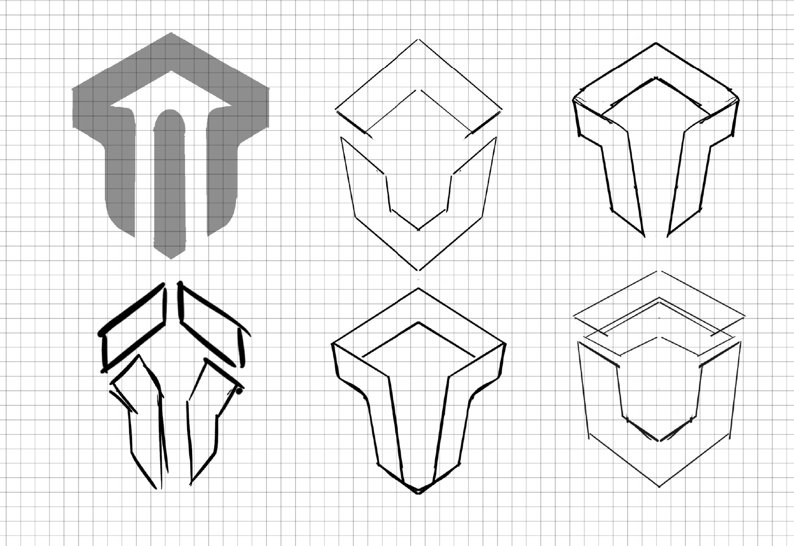 A grid displays six geometric shield designs, showing an evolution from a shaded, solid shape (top left) to various outlined, angular versions, each with bold and thin lines accentuating different sections.