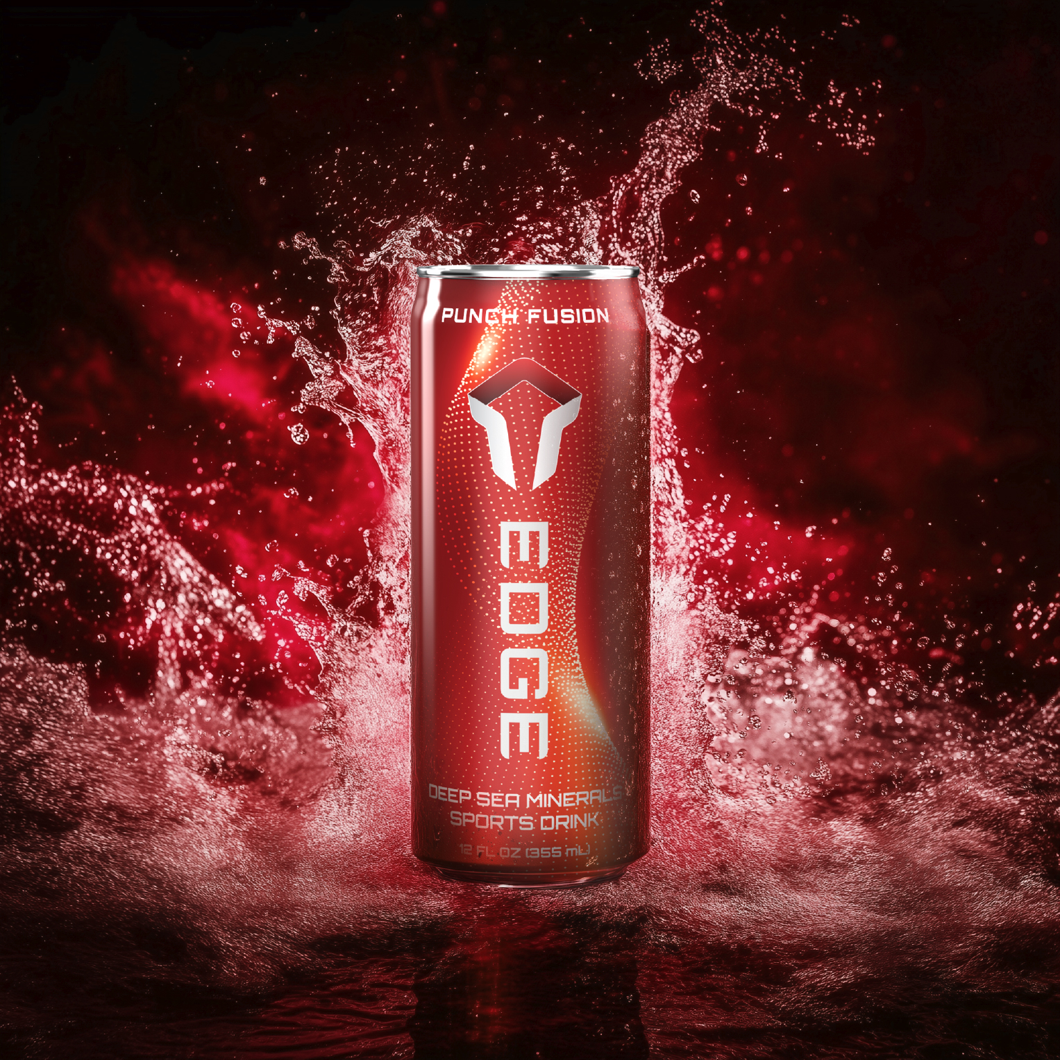A red can of EDGE Punch Fusion deep sea mineral sports drink stands upright amid a dramatic splash of water, illuminated by vibrant red lighting.