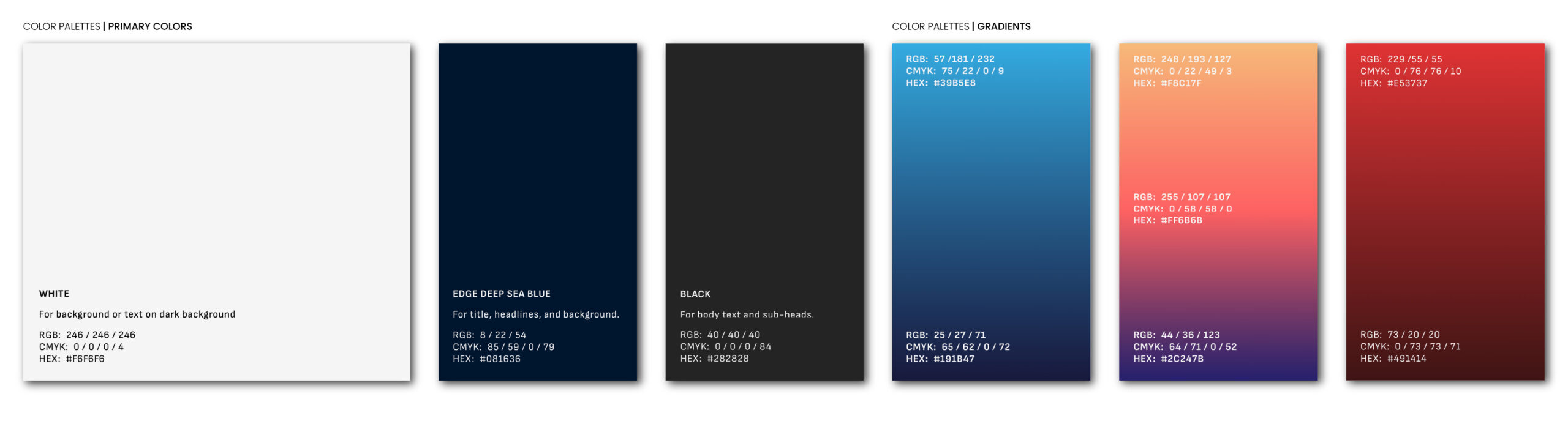 A color palette image with five vertical color swatches: white, deep blue, black, a blue-to-pink gradient, and a red-to-navy gradient. Each swatch includes HEX, RGB, and CMYK codes with descriptions.