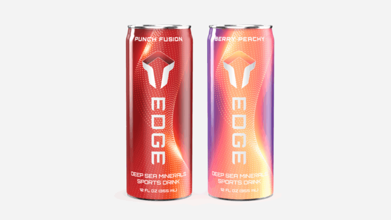 Two tall EDGE sports drink cans stand side by side. The left can is red with “Punch Fusion” flavor, and the right can is purple-orange with “Berry Peachy” flavor. Both cans display a white logo and product details.