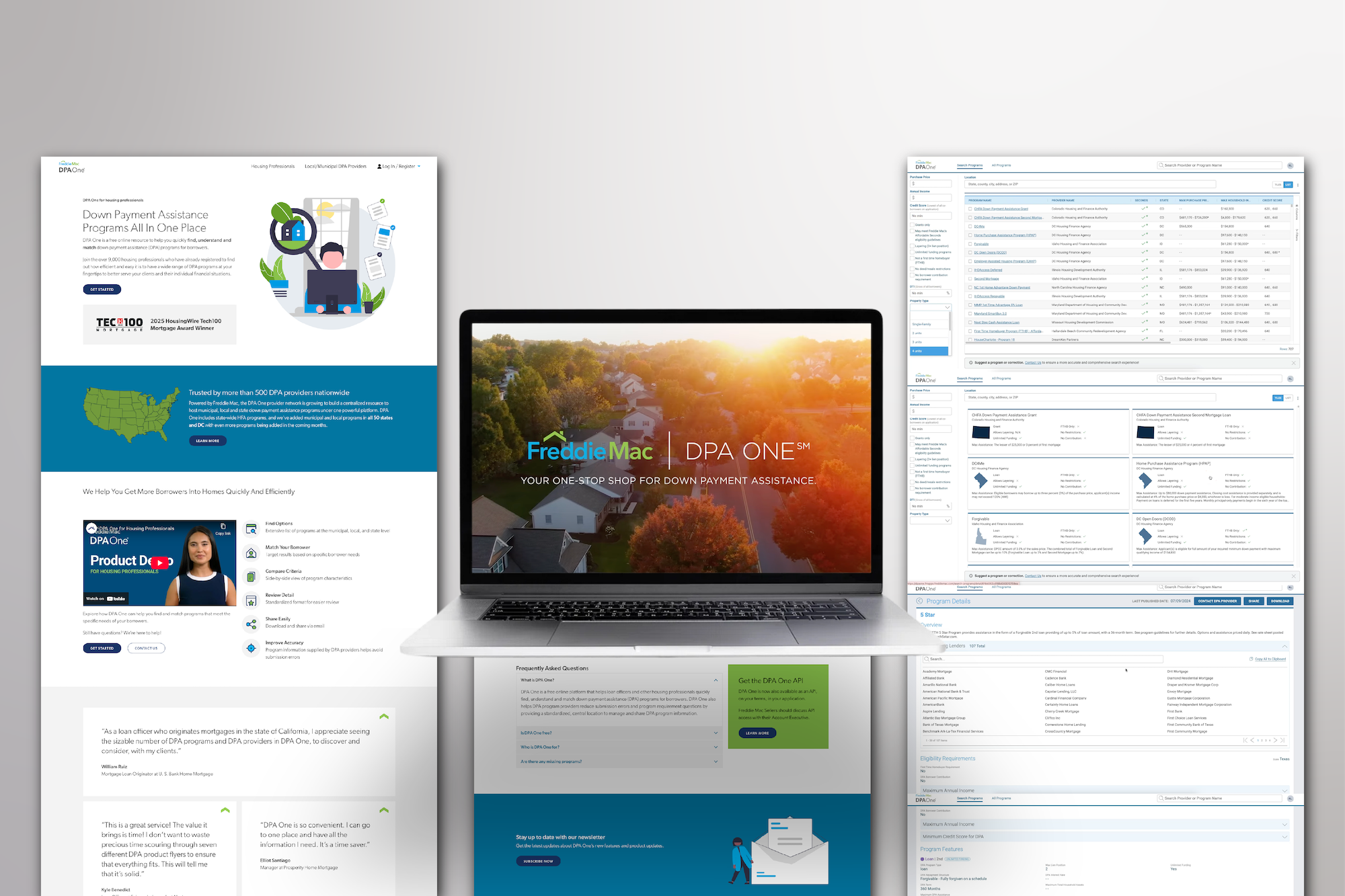 A laptop displays the Freddie Mac DPA One homepage, surrounded by printed webpages and software interface screenshots, illustrating payment assistance program resources and digital application tools.