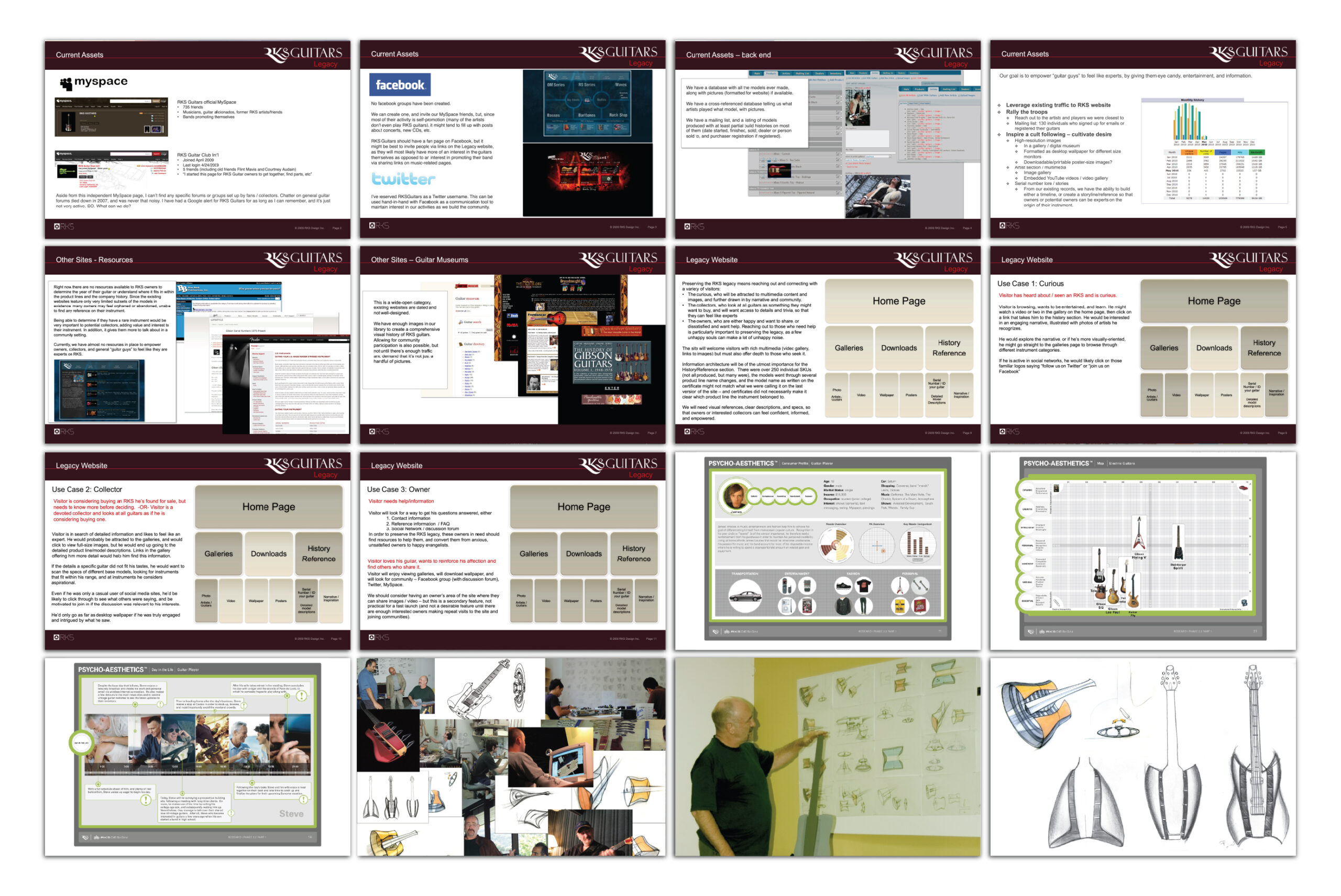 A storyboard presentation with 16 slides showing website concepts, research on social media platforms, layout wireframes, charts, sketches, and a person presenting design ideas on a whiteboard.