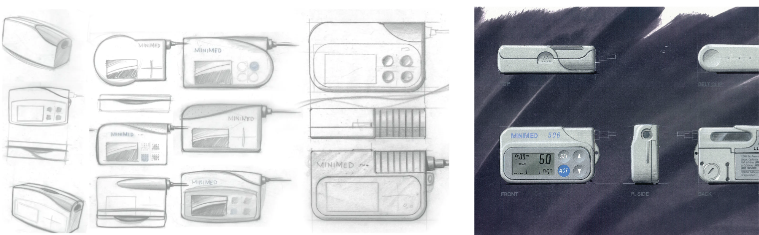 Concept sketches and colored renderings of compact medical devices with various shapes, buttons, and screens. The image shows both side and front views, as well as device details and design variations.