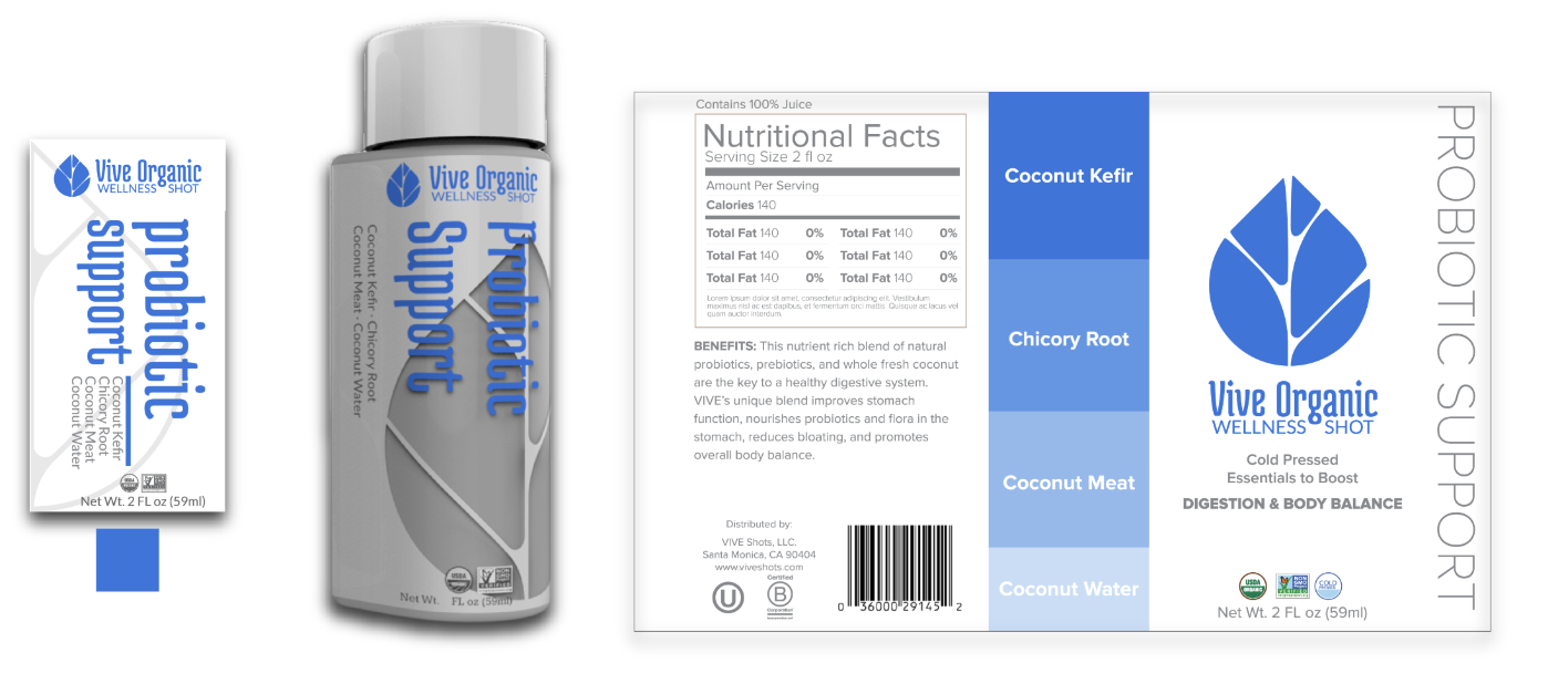 Vive Wellness Shot packaging labeled Probiotic Support, featuring a box, bottle, and detailed nutrition label with ingredients like coconut kefir, chicory root, coconut meat, and coconut water. Perfect for your daily wellness boost.