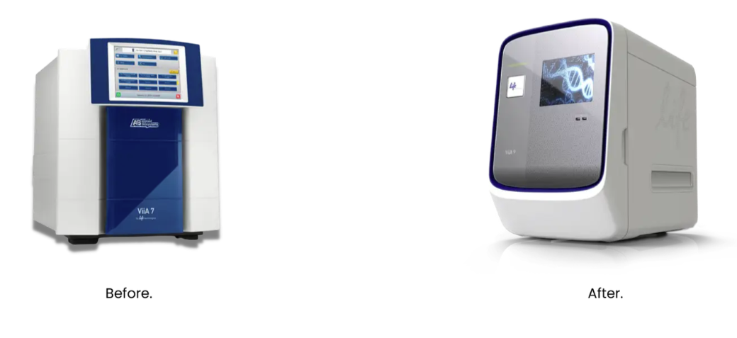 Side-by-side comparison of two lab instruments; on the left, an older, boxy blue-and-white Life Technologies machine labeled Before, and on the right, a modern, sleek white device with a touchscreen labeled After.
