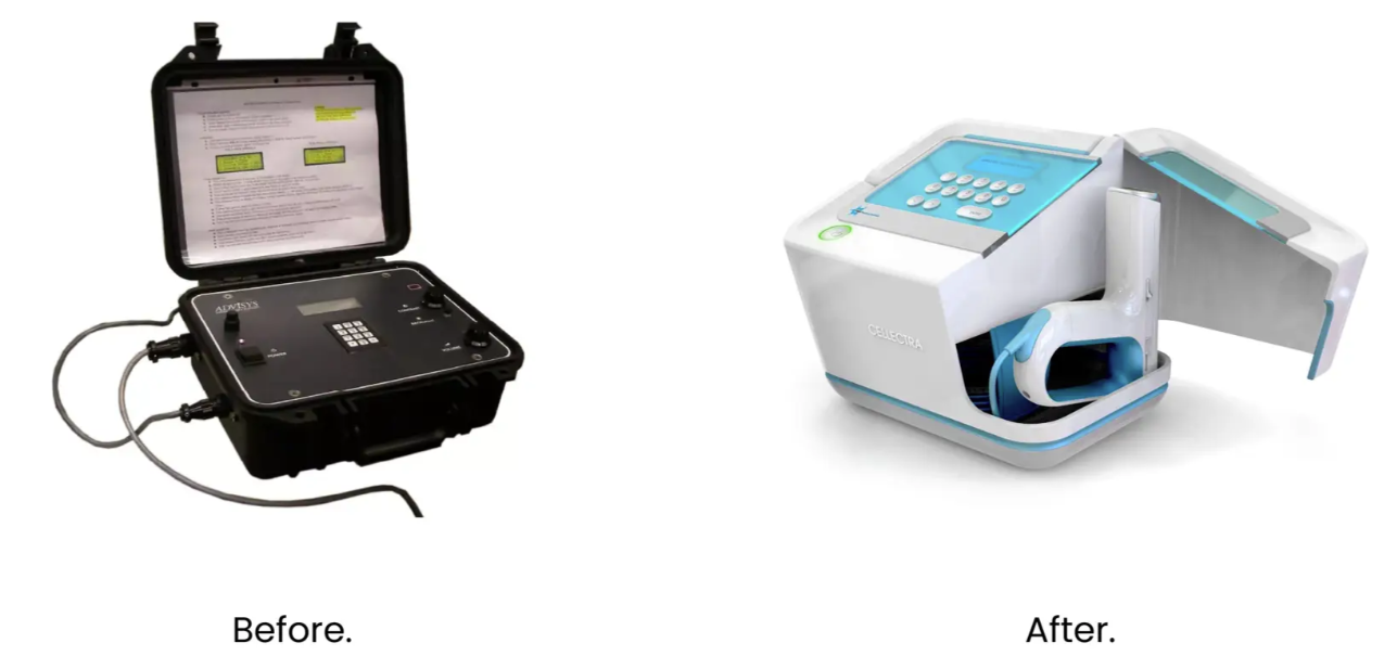 Side-by-side comparison: on the left, a bulky black medical device with wires labeled Before; on the right, Inovio’s sleek, modern VGX white and blue medical device labeled After.