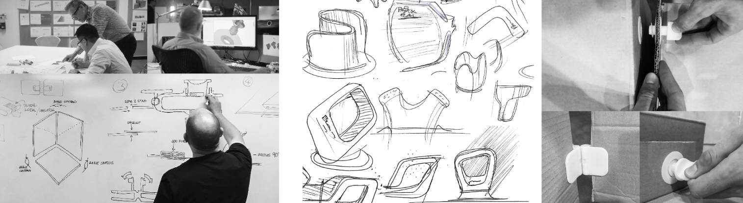 A collage shows designers sketching ideas, drawing concepts on a whiteboard, hand-drawn chair designs, and assembling a prototype with a white plastic latch on a cardboard box.