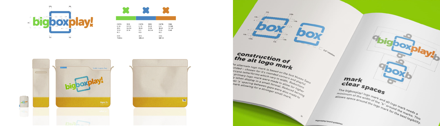 A brand style guide for bigboxplay! shows color palettes, logo variations, branded packaging, and an open booklet with logo construction and clear space guidelines on a green background.