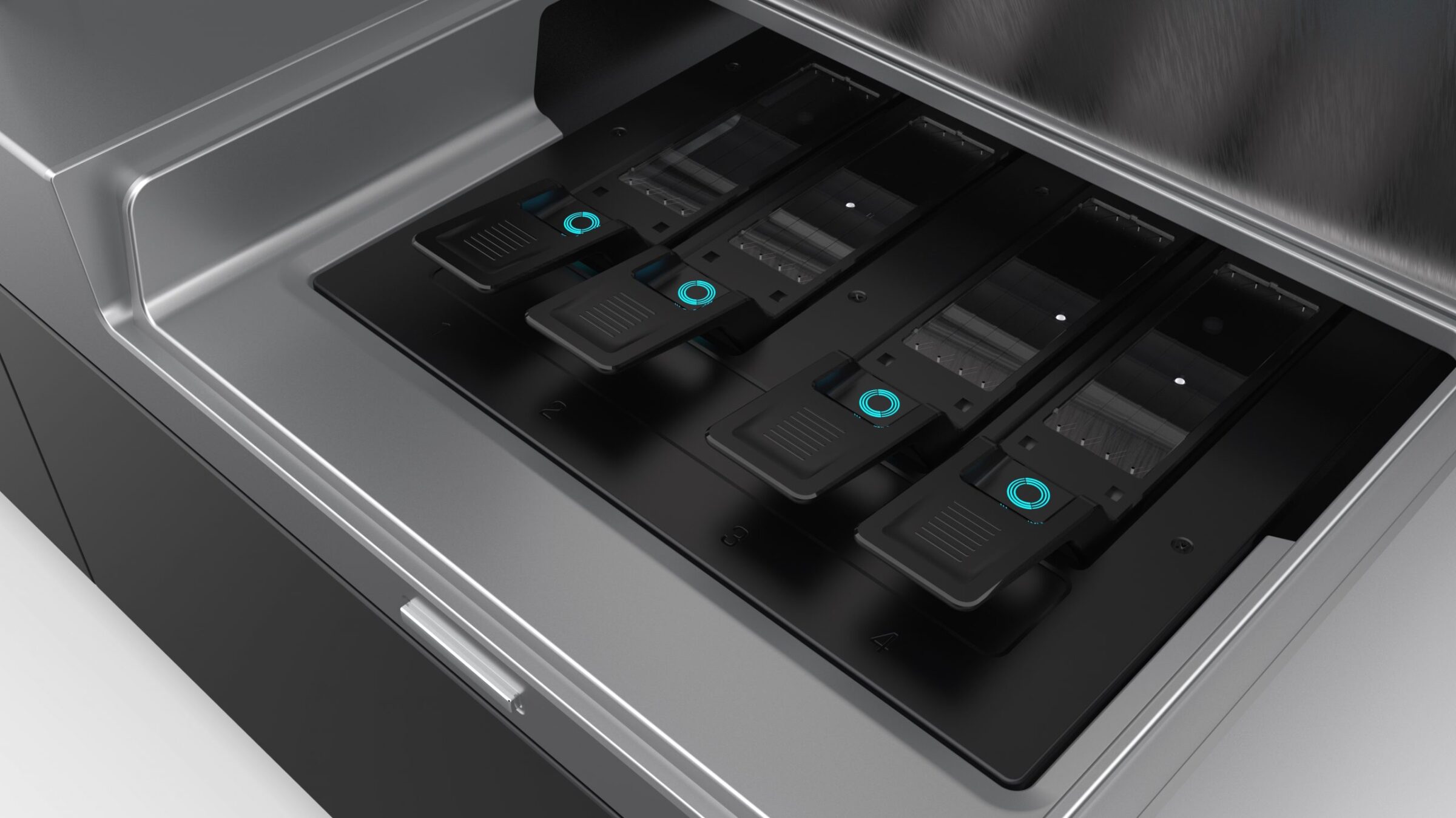Close-up view of four black microscope slide holders with blue accents inside a high-tech Singular Genomics laboratory device, possibly for automated slide scanning or analysis.