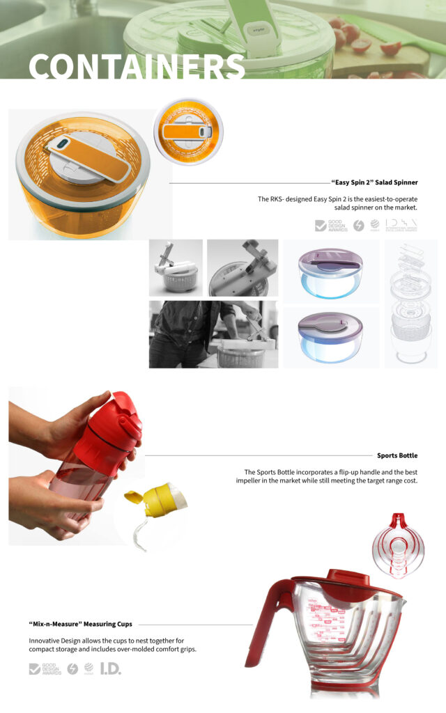A product catalog page showing kitchen containers: an orange salad spinner, a red sport bottle with a flip-up handle and mixing ball, and stackable measuring cups with a red handle and measurement markings.