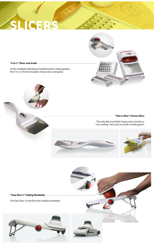 A product catalog page displaying four different kitchen slicers and graters with brief descriptions and images of each tool, including close-up views and hands using the slicers on food items like cheese and vegetables.