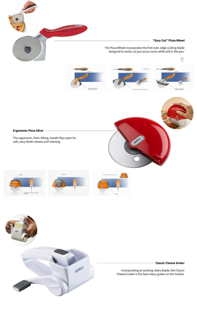 A product sheet displays three kitchen tools: a gray pizza wheel with a red handle, a round red pizza slicer with a flip handle, and a white rotary cheese grater, each with small instructional images below.