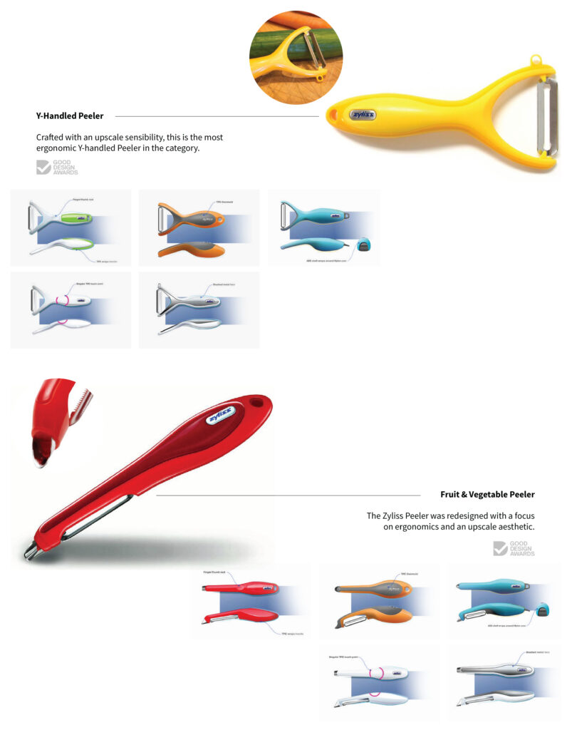 Image showing two types of vegetable peelers: a yellow Y-handled peeler at the top and a red straight peeler at the bottom, each with design sketches and descriptions highlighting their ergonomic features.