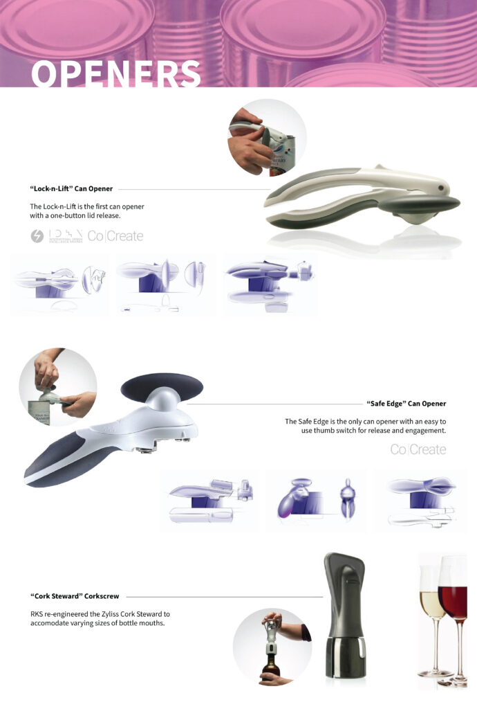 A product catalog page displays three kitchen tools: a “Lock-n-Lift” can opener, a “Safe Edge” can opener, and a “Cork Steward” corkscrew, with illustrations, icons, and wine glasses alongside product descriptions.