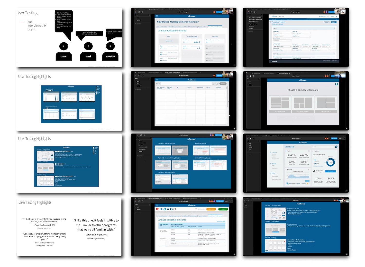 A grid of twelve slides shows a user testing presentation, including diagrams, feedback highlights, and screenshots of a software interface with navigation bars, tables, forms, and dashboard summary views.