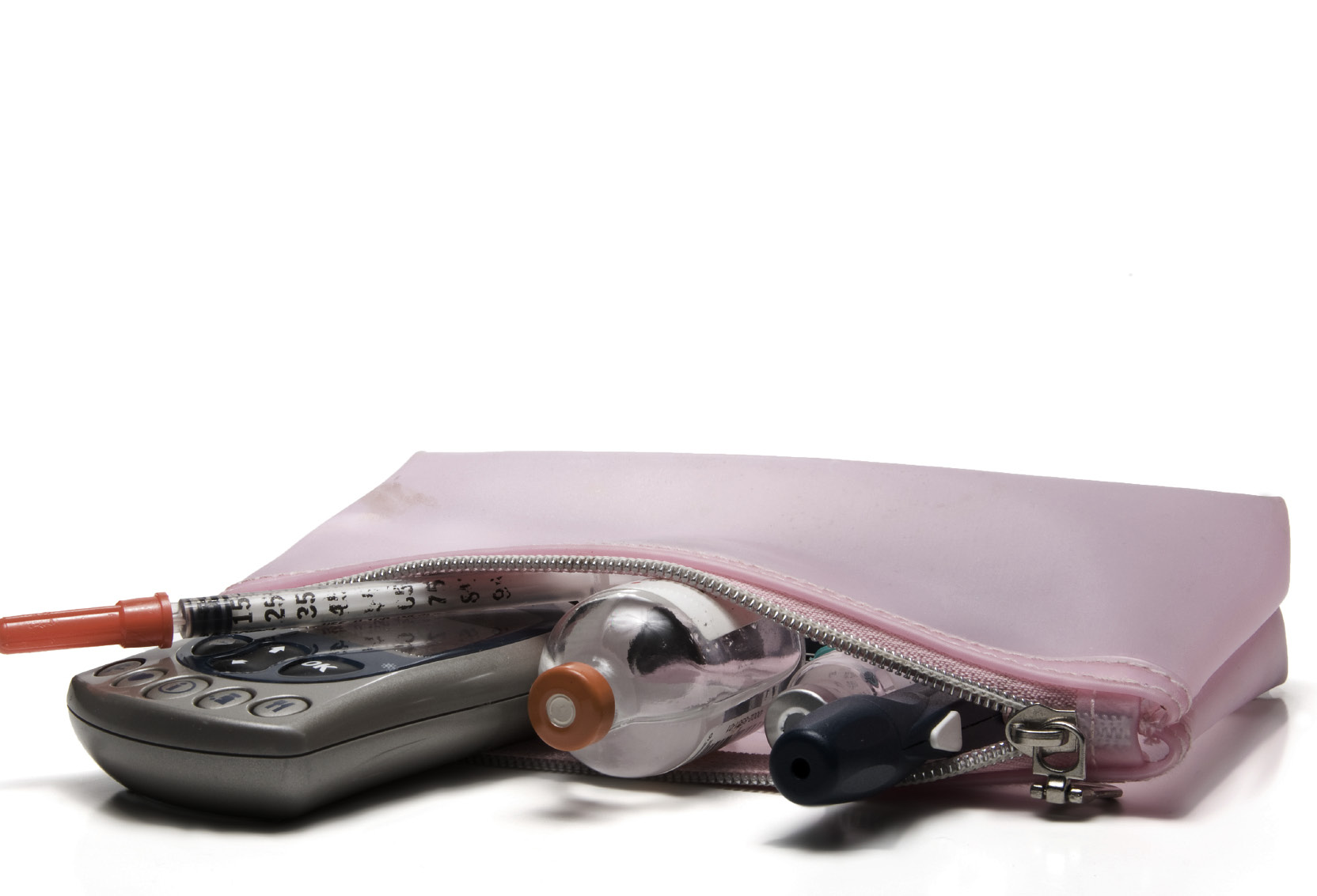 A pink zippered pouch partially open, revealing a medical device, a syringe, and two vials inside, set against a white background.