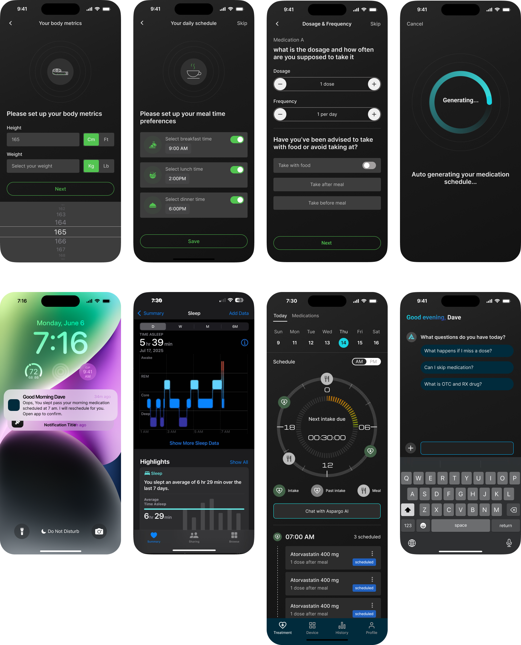 A series of smartphone screenshots displays a health app interface for tracking body metrics, scheduling meals, setting medication reminders, viewing stats, and chatting with an assistant, all using a dark mode design.