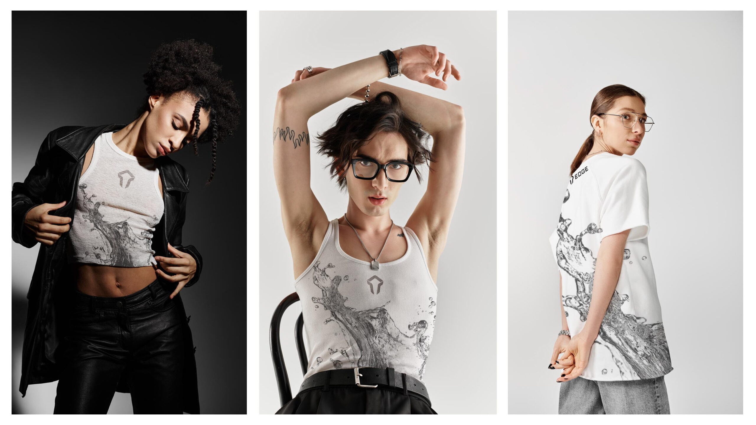 A collage of three people wearing white tops with an artistic black water splash design—each poses differently, showcasing Edge Hydration-inspired shirt details against plain backgrounds.