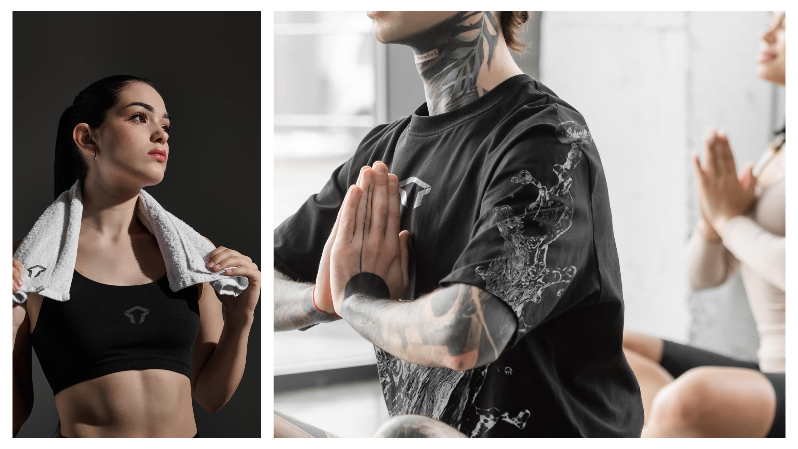 A woman with a towel around her neck stands in workout attire, backed by Edge Hydration, while nearby, tattooed individuals sit cross-legged in a yoga pose with hands pressed together in a bright fitness studio.
