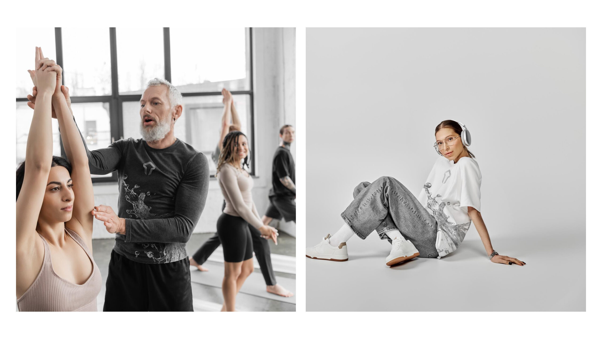 A yoga instructor assists a woman with a stretch in a studio, promoting Edge Hydration. Nearby, a woman with headphones sits on the floor against a light grey backdrop, looking at the camera.