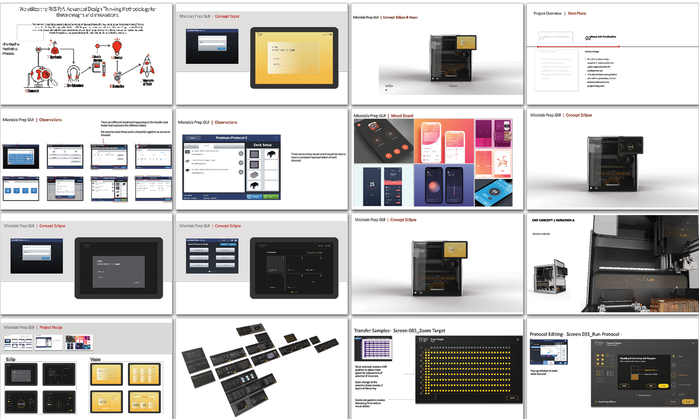 A collage of 20 slides showcases AAA_Microlab user interface designs, app screens, diagrams, and flowcharts for a 2025 music or audio product, featuring dark and light touchscreen panels, mobile app layouts, and equipment setup illustrations.