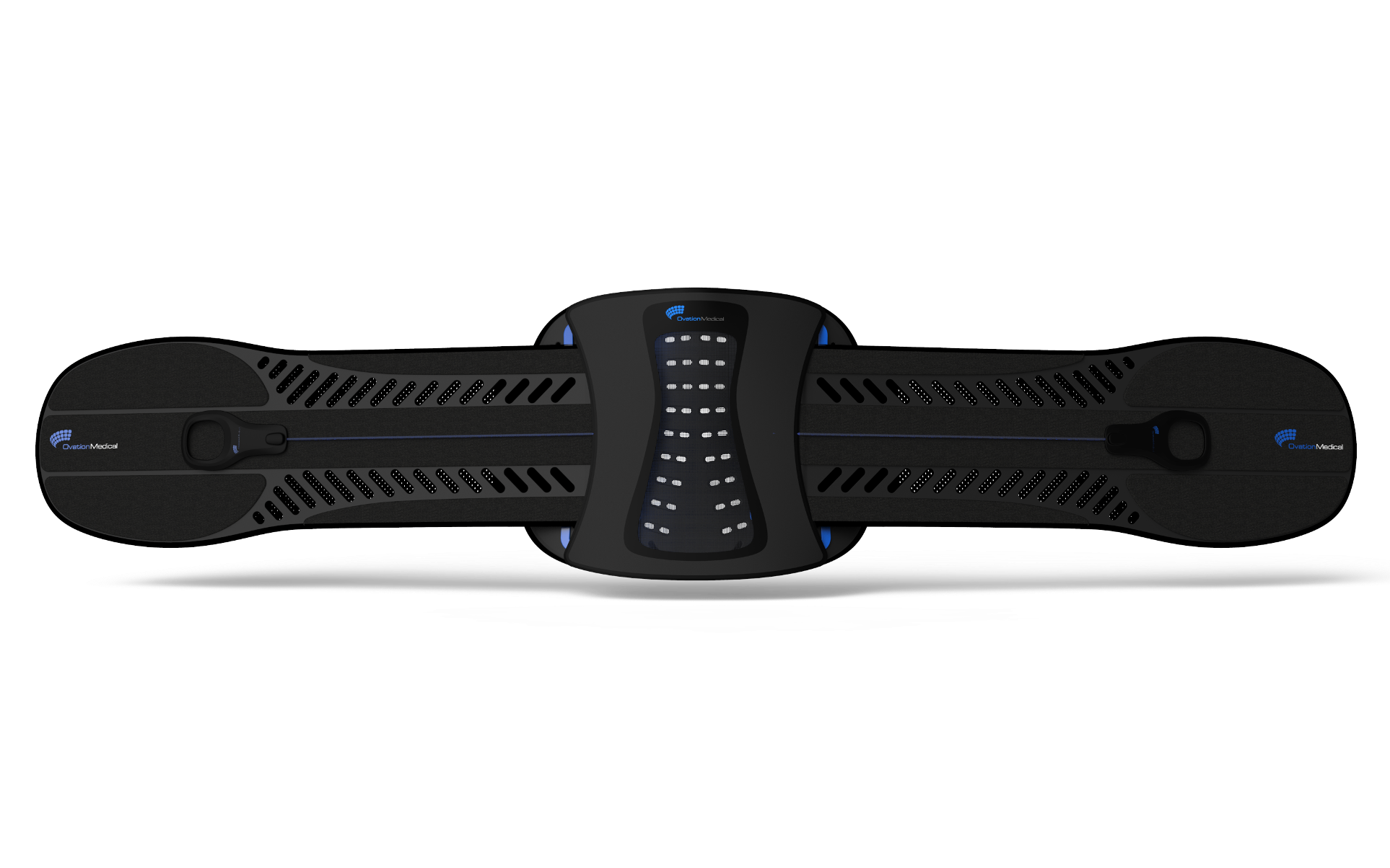 A black wearable electronic device with a central control panel, blue accents, and adjustable straps, designed for placement around the lower back or waist.