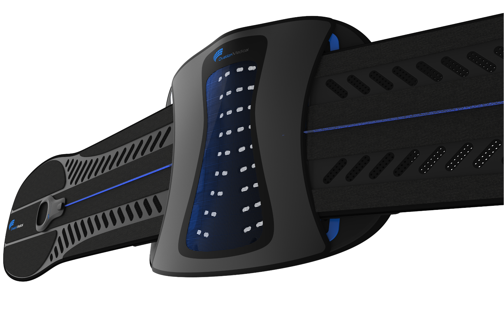 A black and blue lumbar back brace with a mesh center panel, perforated straps, and a sleek, ergonomic design, displayed against a white background.