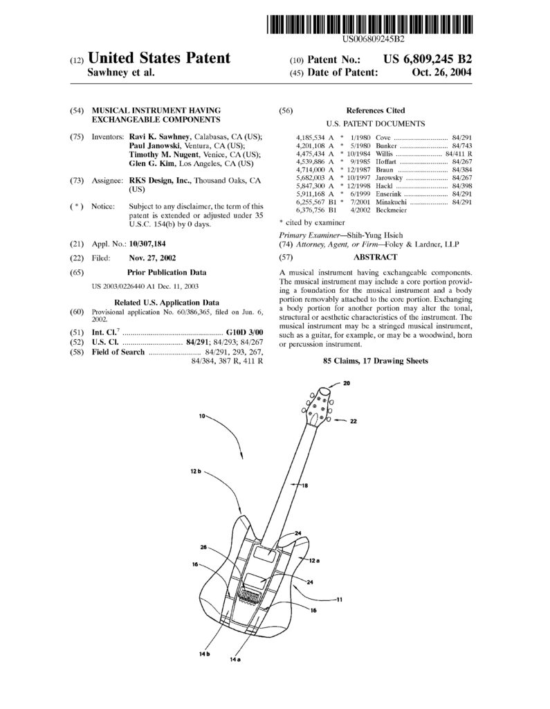 Diagram of an electric guitar from a U.S. patent document, showing labeled parts and interchangeable components. The page includes patent information, inventor names, references, and application details.