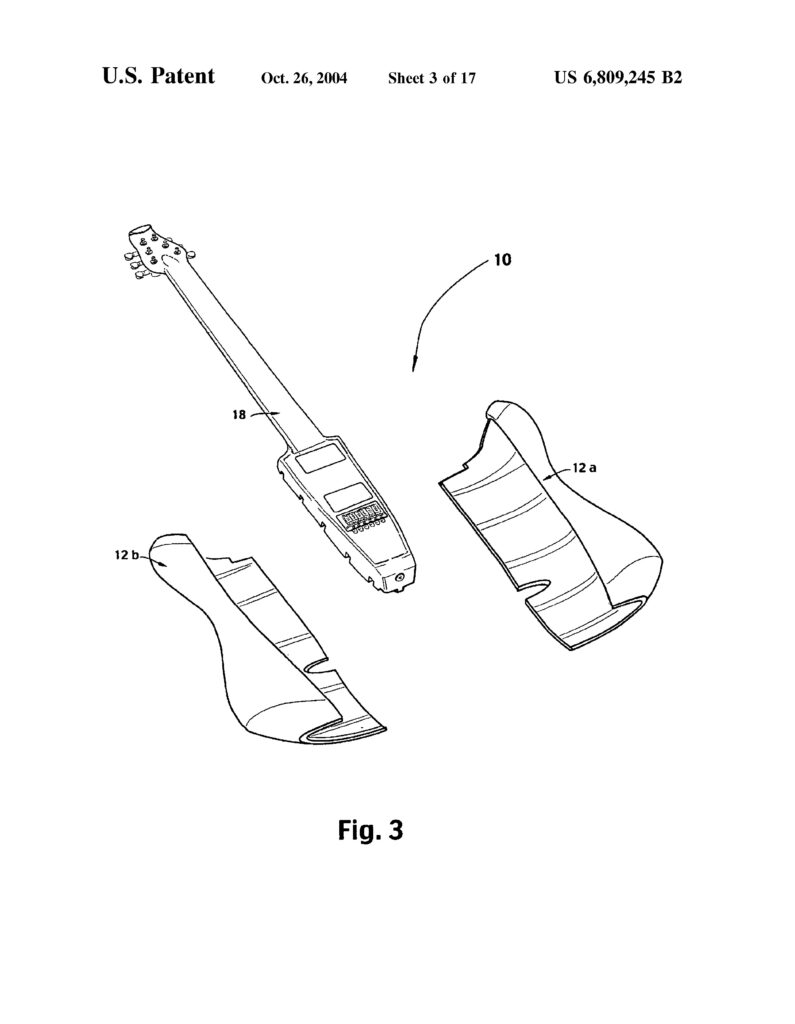 Line drawing showing a guitar-like device (labeled 10) separated into three components: a central neck and body section (18) and two curved side pieces (12a, 12b), as part of a U.S. patent illustration.
