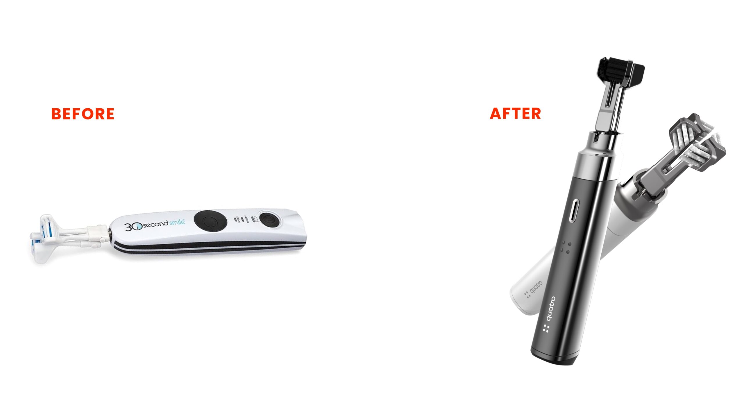 A side-by-side comparison of two toothbrushes labeled Before and After. The Before brush is white and flat, while the After Quatro Toothbrush is sleeker, black, and features multiple attachments for advanced dental care.