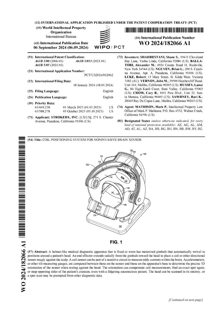 Patent document page showing a technical drawing of a coil positioning system for noninvasive brain scans, with detailed text, international filing details, inventors’ names, and the title at the top of the page.
