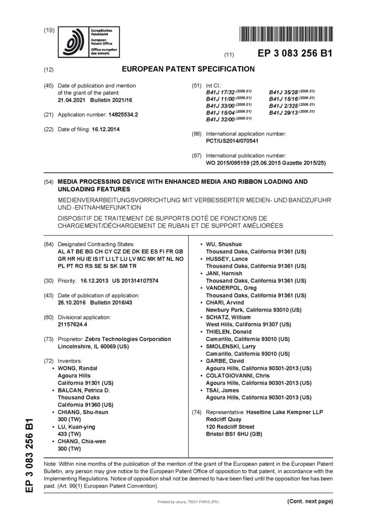 A European patent specification document titled Media Processing Device with Enhanced Media and Ribbon Loading and Unloading Features, listing details such as publication number EP 3 083 256 B1, dates, inventors, and contracting states.