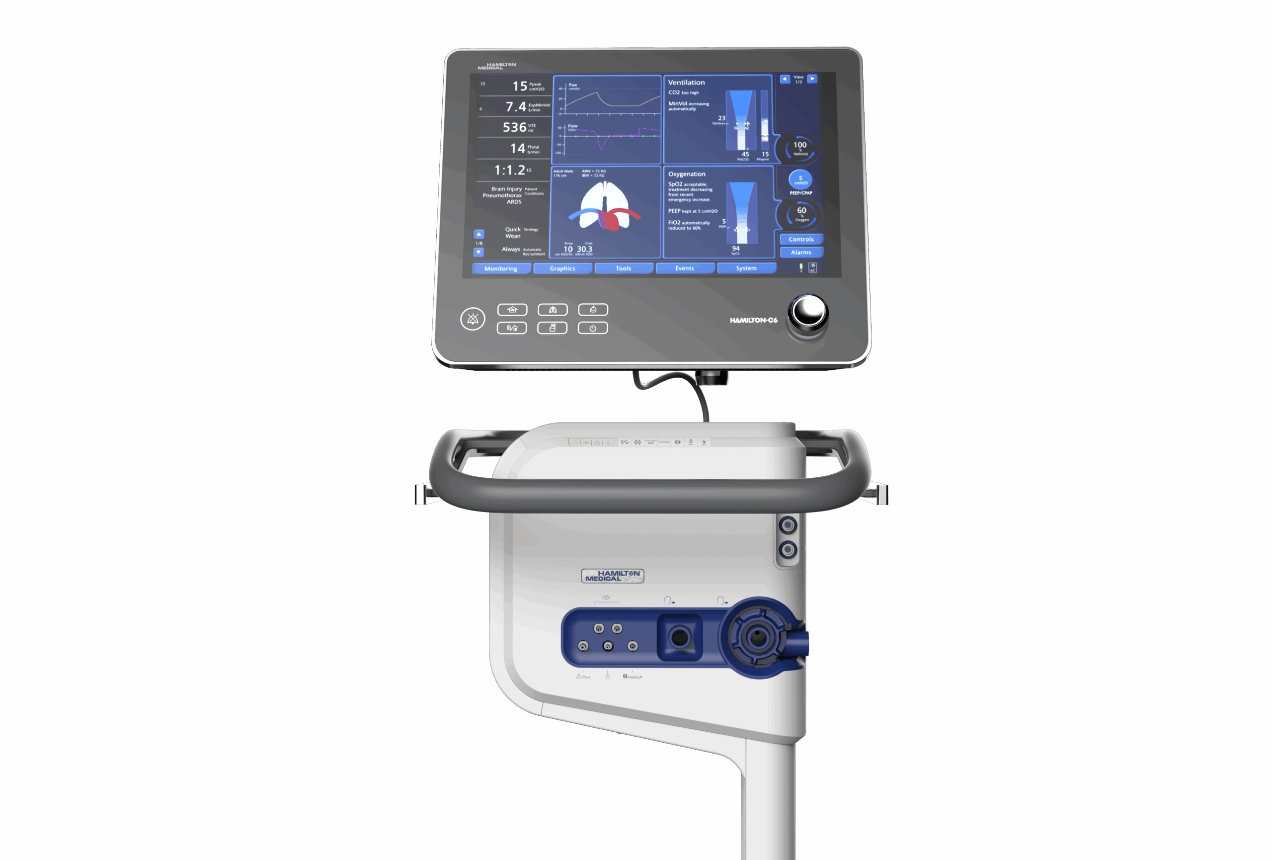 A modern medical ventilator with a digital touchscreen displaying patient data, graphs, and settings; control buttons and a dial are visible below the screen, with ports and connectors on the main unit.