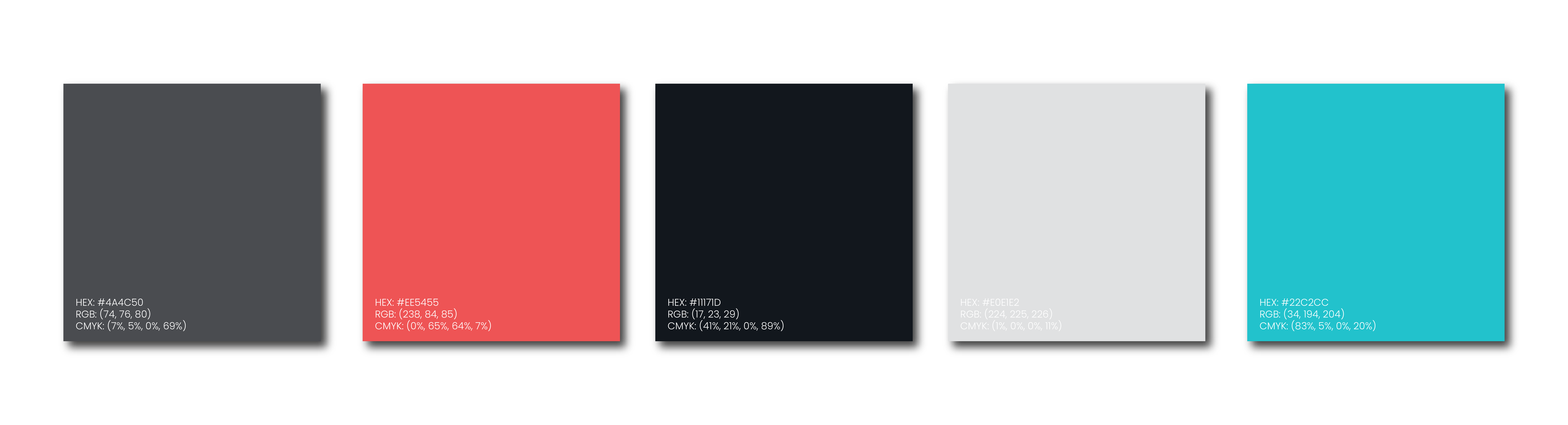 Five rectangular color swatches in a row: dark gray, coral red, black, light gray, and bright cyan, each labeled with its HEX and CMYK color codes in small white text.