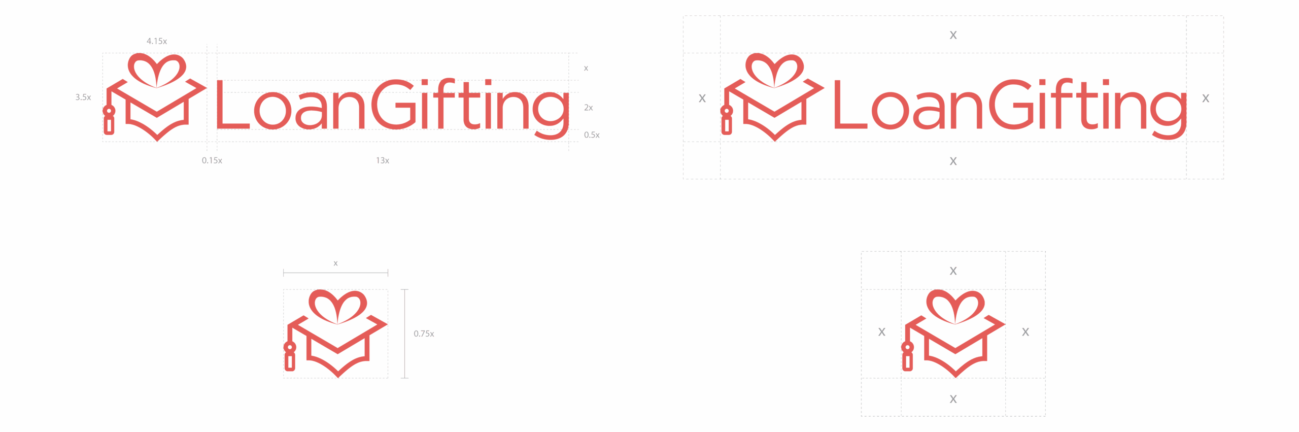 Red “LoanGifting” logo with a gift box and heart icon, shown in four different sizes and layouts with grid lines, spacing, and measurement guides for logo placement and proportion.