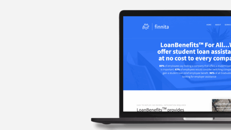 A laptop displaying the Finnita website, featuring a blue section with white text about student loan benefits for employees and statistics on loan assistance, against a plain light background.
