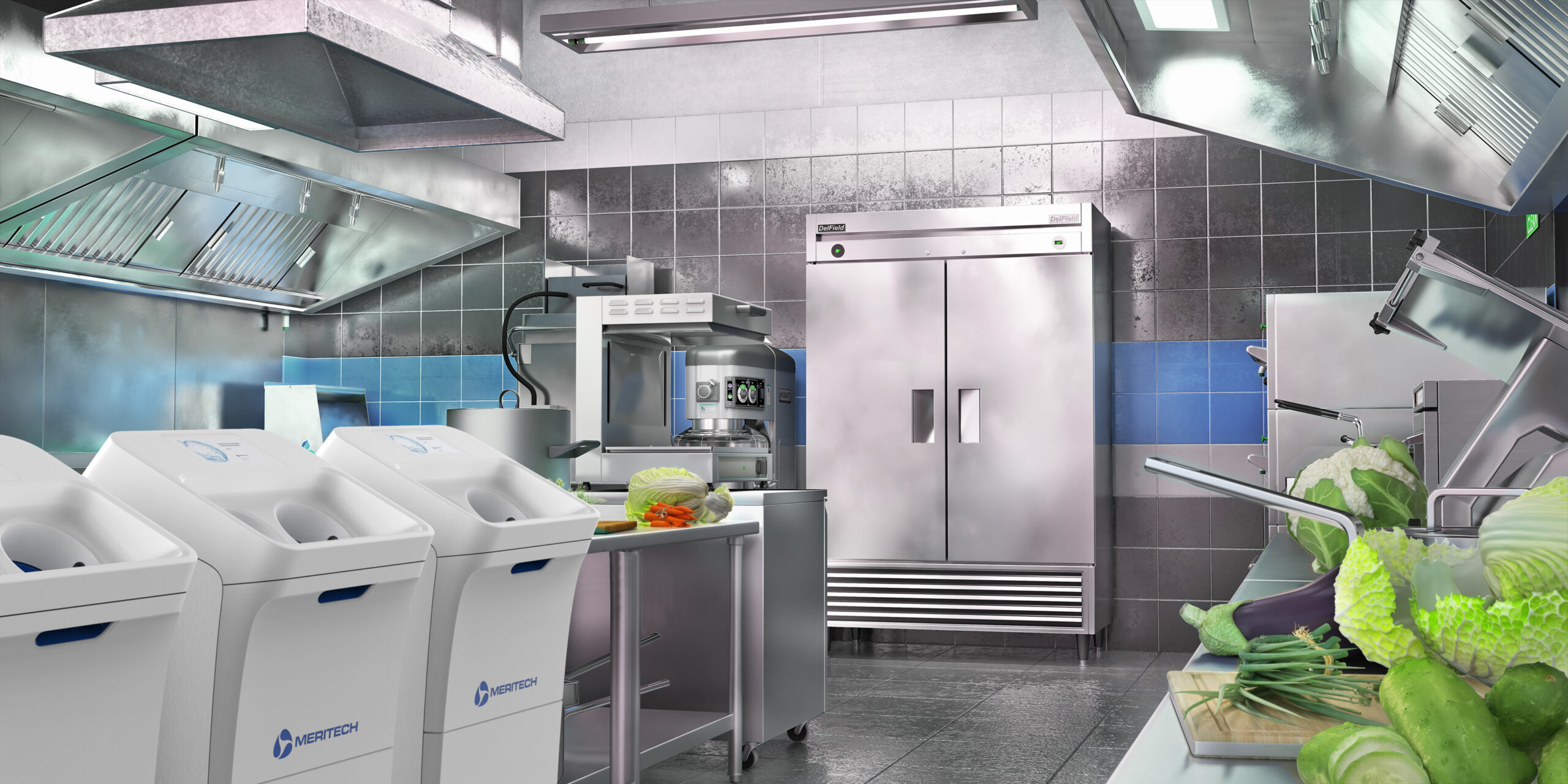 A modern commercial kitchen with stainless steel appliances, including a large refrigerator, prep tables, and industrial machines. Chopped vegetables and heads of cabbage are visible on the counter. The room is clean and brightly lit.