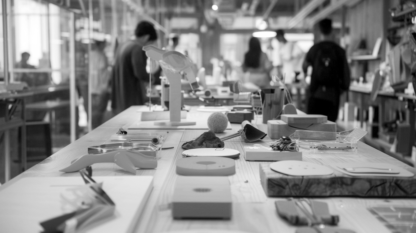 Black and white photo of a workshop with a long table covered in various tools, materials, and models related to packaging design; several people are working or walking in the background.
