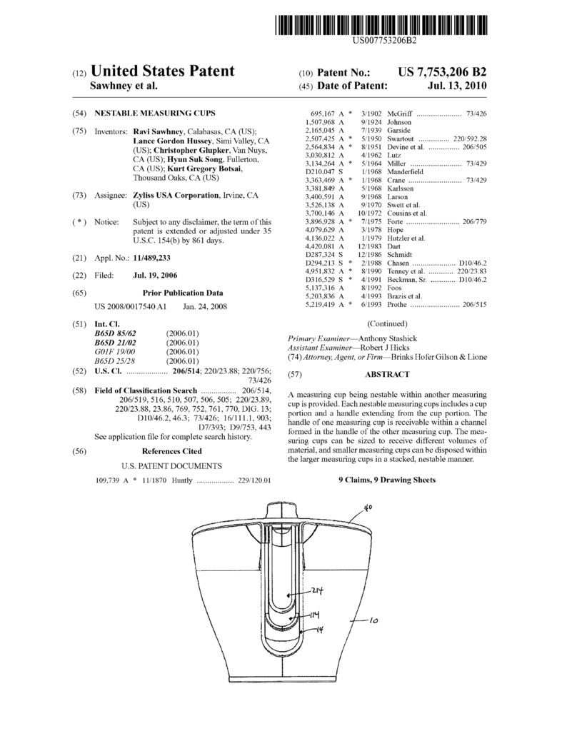 Official patent document for nestable measuring cups by Zyliss, detailing US 7,753,206 B2. Features inventors’ names, filing dates, abstract, references, and a technical drawing of the smart simple Swiss kitchen tools design at the bottom.