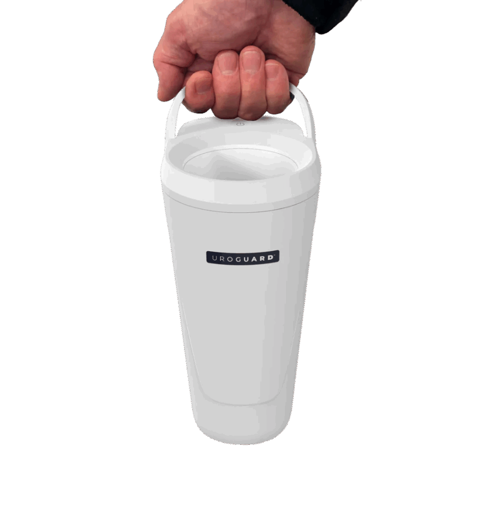 A hand holding a white, cylindrical container labeled UROGUARD with a built-in handle on top, against a plain white background.