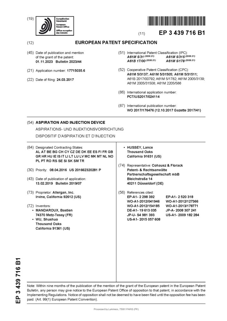 A document titled European Patent Specification EP 3 439 716 B1 for an aspiration and injection device, showing bibliographic patent details, inventor names, and publication dates in a structured format.
