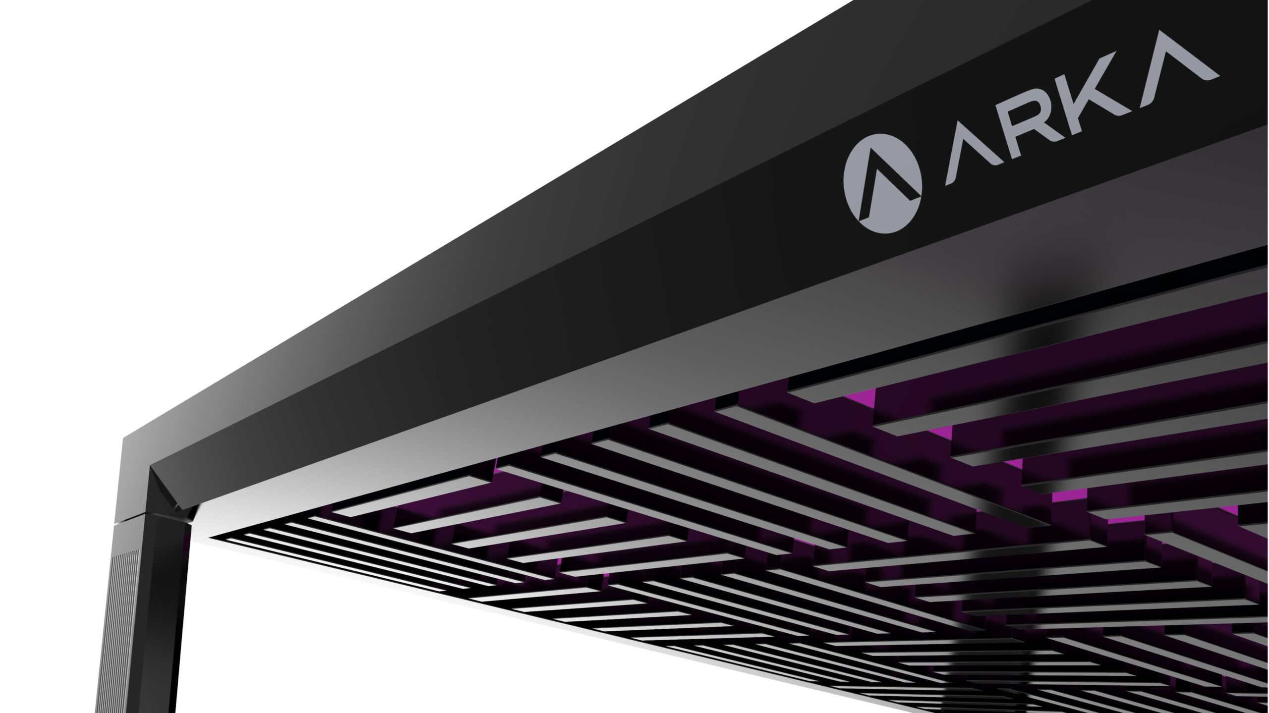 A close-up of a modern, black metal solar panel structure with the ARKA logo on the side. The underside features a geometric grid pattern with purple accents, highlighting innovative design by Arka Energy against a white background.
