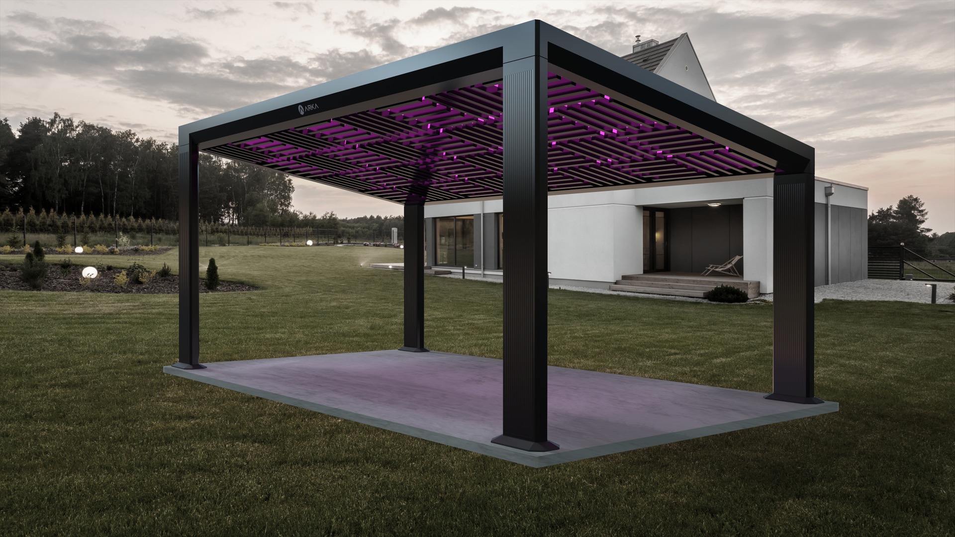 A modern pergola with a slatted roof featuring purple lighting and integrated solar panels by Arka Energy stands on a grassy lawn in front of a contemporary white house at dusk. Trees and landscaped shrubs are visible in the background.