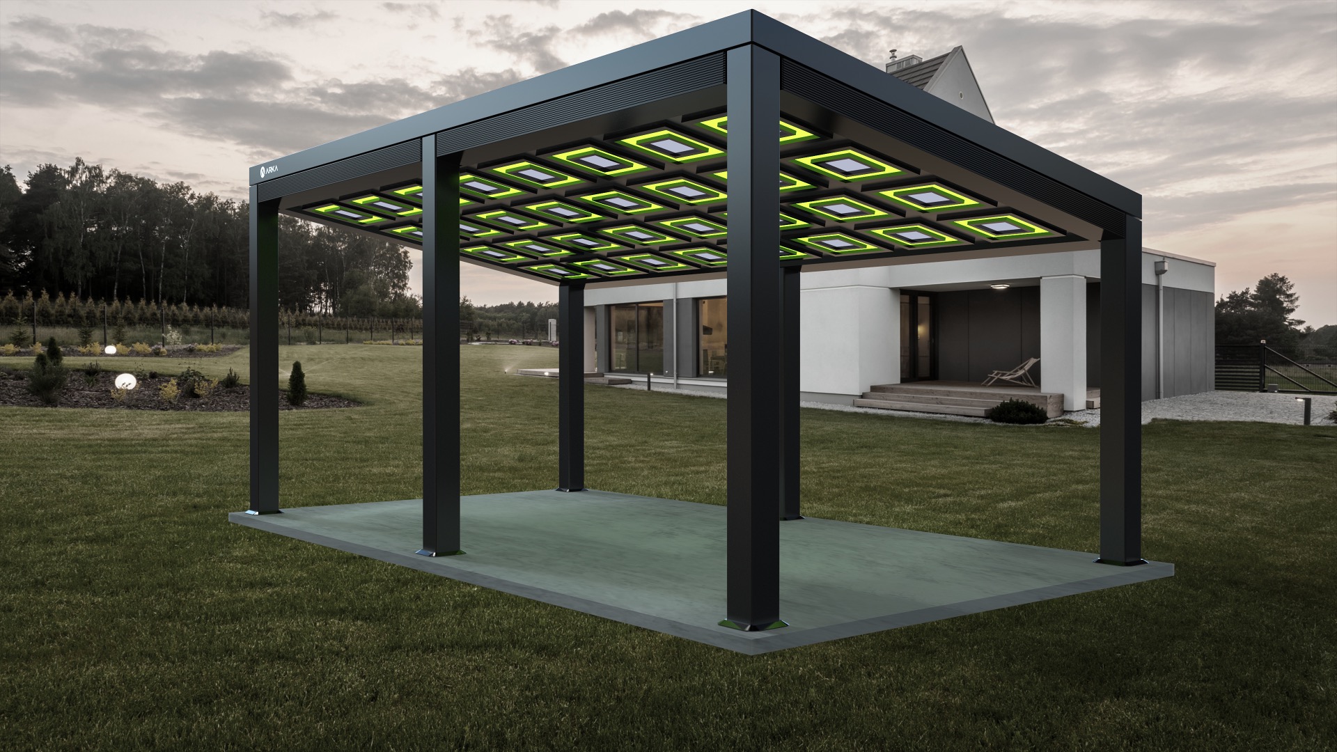 A modern pergola with a geometric solar panel roof by Arka Energy, glowing with green lights, stands on a well-kept lawn outside a contemporary white house with large windows.
