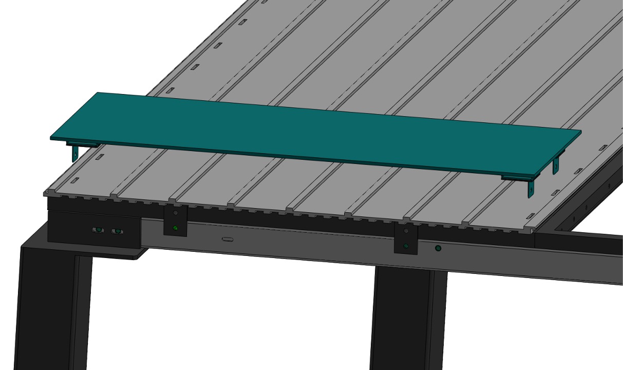 A 3D-rendered diagram of a metal table features an Arka Energy solar panel in dark green, attached on top and partly extending over one edge. The table showcases a gray slatted surface with a sleek black frame.