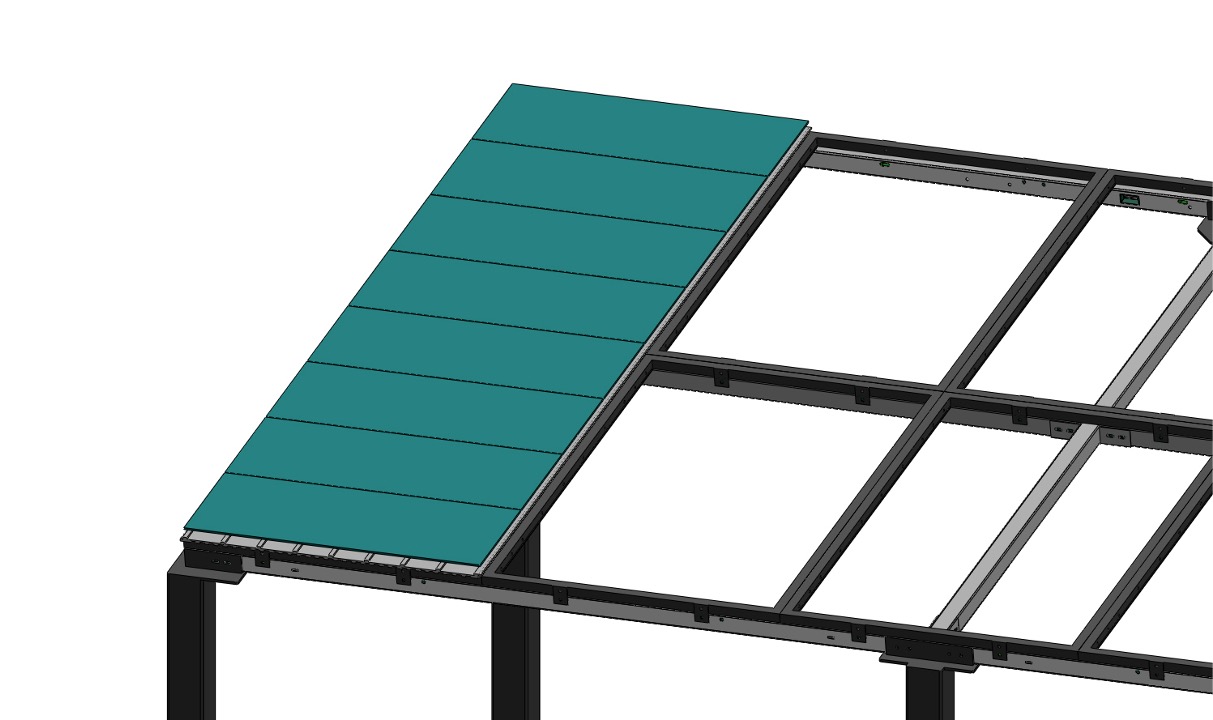 A digital rendering shows part of a building structure with a slanted roof section covered in teal Arka Energy solar panels and adjacent metal framework without panels.