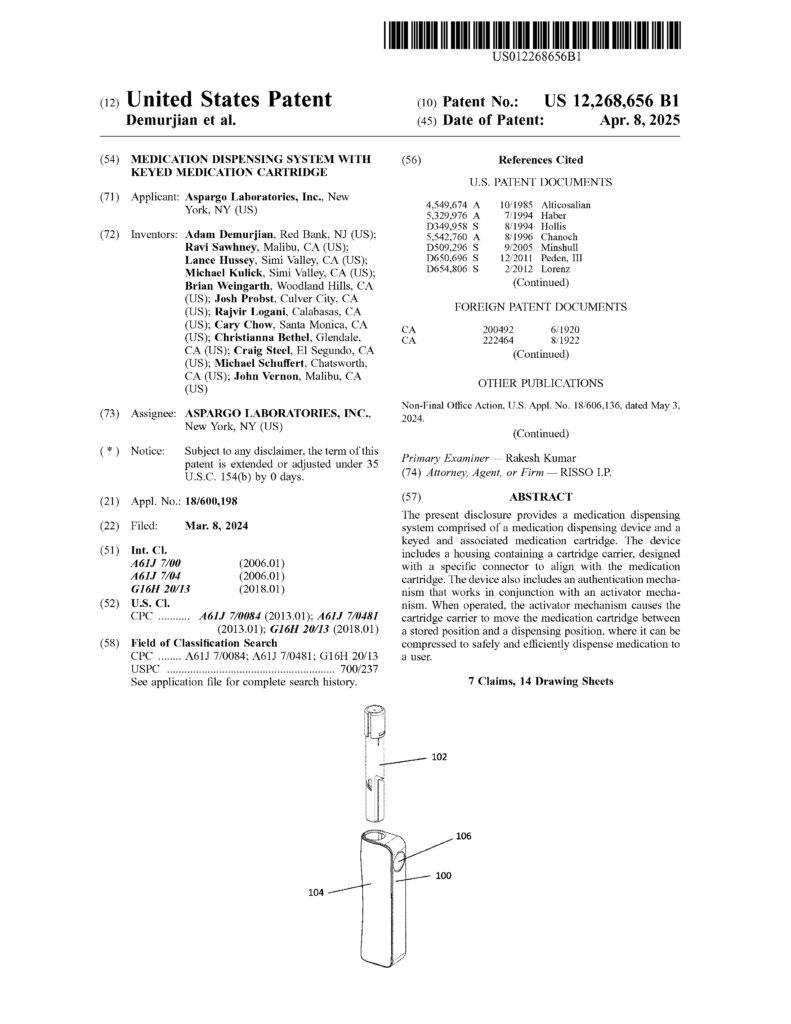 A U.S. patent document titled “Medication-Dispensing System with RFID Medication Cartridge,” including patent number, date, abstract, inventor names, references, and a line drawing of a medication dispenser device.