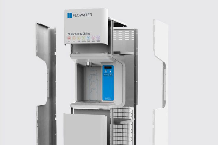 A Flowater water dispensing machine with its panels open, revealing internal components and a blue display labeled 7X Purified & Chilled against a plain light background.