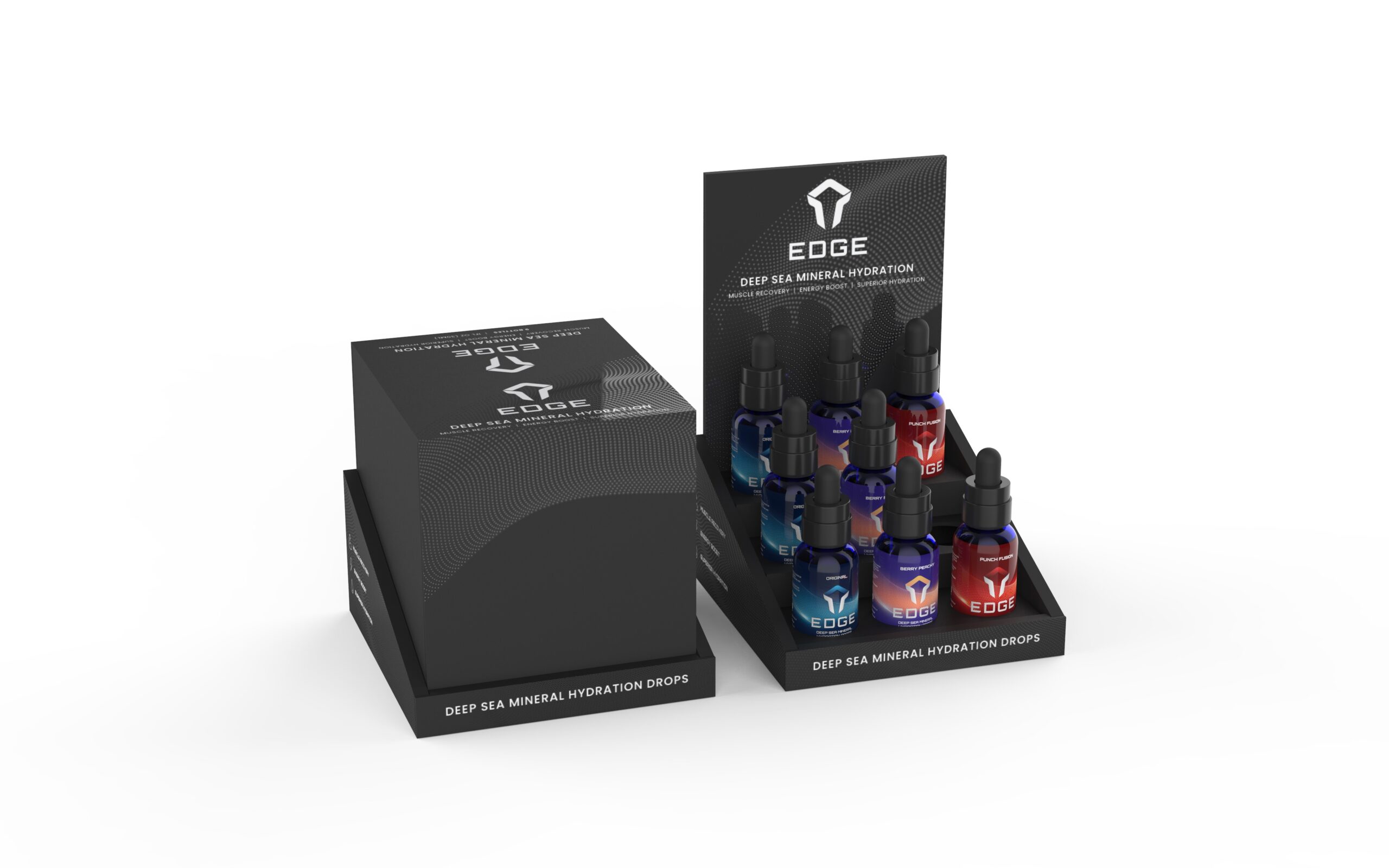 A display box containing six bottles of Edge Hydration deep sea mineral hydration drops in blue, purple, and red, featuring the EDGE branding and logo on the packaging and display stand.